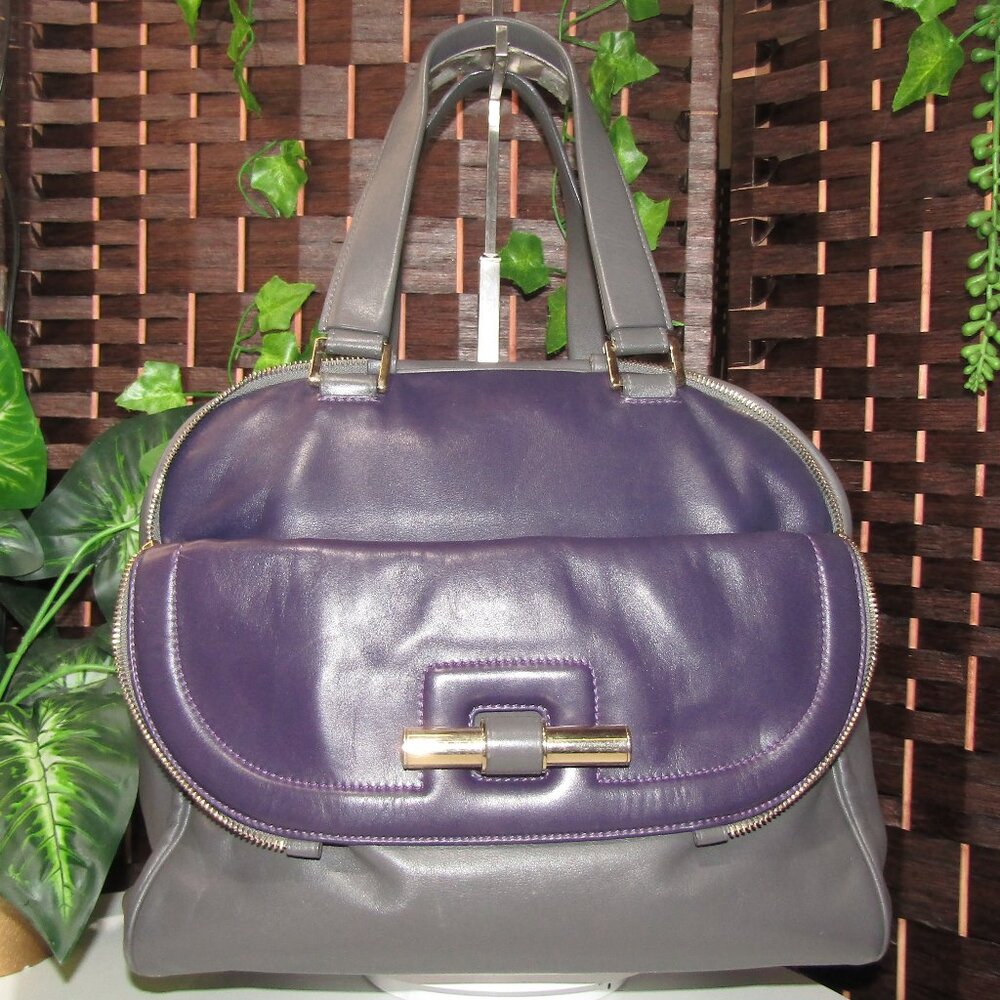 AUTH JIMMY CHOO GRAY & PURPLE LEATHER LARGE BAG